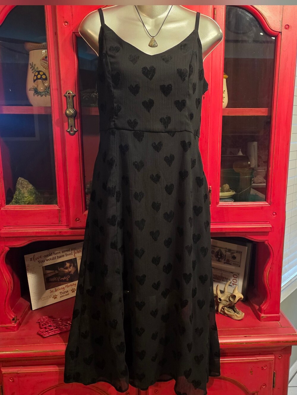 Camellia Sheer Black Hearts Midi Dress Cute Strappy Sleeveless Summer Party - L